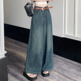 Vevesc Vintage Blue Wide Leg Jeans Women Y2K Spring New High Waist Loose with Belt Denim Trousers Female Korean All-Match Streetwear