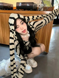 Vevesc Hotsweet Women Japanese Kawaii Striped Knitted Coats Y2k Preppy Style Mid Length Loose Cardigan Rabbit Ear Hooded Outerwear