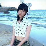 Vevesc 2024 New Star Print T-shirts Kawaii Rabbit Ears Hoodie Tops Women Y2k E-Girl Crop Top Slim Fit Short Sleeve Tee Shirt Tanks