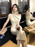 Vevesc Women Elegant Long Dress Summer Fashion Off Shoulder Chic Bodycon Evening Party Dresses Korean One Piece Clothing