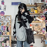 Vevesc Kpop Harajuku Star Grey Sweatshirt Women Y2K Hippie Grunge Patchwork Letter Hoodie Korean Oversize Long Sleeve Tshirts