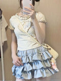 Vevesc Summer Kawaii Sweet Two Piece Set Women Strappy Korean Fashion Party Skirt Set Female Ruffle Flounce Lolita Cake Skirt Suit