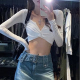 Vevesc 2024 Spring New V-neck White T-shirts Women Sexy Crop Top Slim Fit Tee Shirt Y2k E-Girl Long Sleeve Bottoming Tops