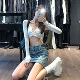 Vevesc 2024 Spring New V-neck White T-shirts Women Sexy Crop Top Slim Fit Tee Shirt Y2k E-Girl Long Sleeve Bottoming Tops