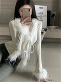 Vevesc Fur V-neck Bottoming Knitted Tops Mujer Autumn Winter New Cardigan Y2k Sexy Slim Fit Long Sleeve Sweater Coat Women