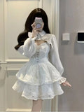 Vevesc Women Two Pieces Sets Crop Overshirt + White Strap Lace Dress Casual Y2k Mini Dress Korean Style Suit Chic Summer Outfits