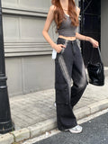 Vevesc Grey High Waist Women Jeans 90S Hip-hop Style Fashion Vintage Streetwear Y2K Wide Leg Jean 2025 Female Trouser Baggy Denim Pants