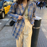 Vevesc Women Vintage Plaid Blazer Coats Fashion Loose Streetwear Double Breasted Lapel Outerwear Korean Long Sleeve Casual Jacket