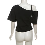 Vevesc  Single Shoulder Graphic T Shirts For Women Streetwear Hollow Out Y2k Clothes Short Sleeve Crop Top Ropa De Mujer Slim Camisetas