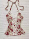 Vevesc  French Elegant Tanks Bow Halter V Neck Sleeveless Lace Flower Print Crop Top Summer New Sexy Y2k Female Slim Women Clothing 2025