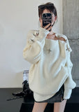 Vevesc Women White Pullover Sweater Harajuku Korean 90s Aesthetic Y2k Long Sleeves Oversize Jumper Knit Sweaters Vintage 2000s Clothes