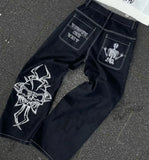 Vevesc Y2k Hip Hop Retro Washed Jeans with Various Prints Design Fashionable Streetwear Versatile Jeans Same Style for Men and Women