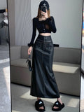 Vevesc Women's Black Pu A-line Long Skirt Vintage Y2k Skirt Harajuku Korean Streetwear Elegant Patchwork Skirt 2000s Clothes Autumn