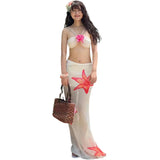 Vevesc  Vacation Summer 2-Piece Set Women Halter 3d Flowers Folds Bra+Flower Print Mesh Lace-Up Skirts Matching Beach Party Suit
