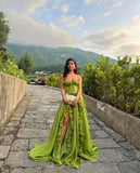 Vevesc Light Green Split Long Evening Dresses With Ruched Ruffles Trimmed Details Sweetheart Buttons Front Formal Dress