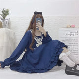 Vevesc Harajuku Lolita OP Long Sleeve Dresses Sweet Lace Slash Neck Bow A-line Dress For Women Y2k Grunge Slim Waist Vestidos Mujer