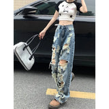 Vevesc Fashionable Women's Ripped Jeans, High Waist Slimming Wide Leg Denim Pants Female Casual Straight Shredded Jeans for Women 4XL