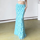 Vevesc  Side Mesh Patchwork Floral Print Mermaid Skirt Holiday Cute Ruched Long Skirts Korean Style Outfits Sweet Bottoms Y2K