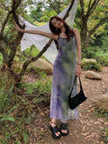 Vevesc Vintage Tie Dye Print Mesh Dress Women Sexy Y2k Spaghetti Strap Maxi Dresses Korean Fashion 2 Piece Set Robe Vestidos De Mujer