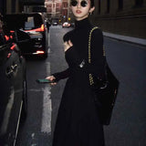 Vevesc Autumn Hepburn Style Women Dress High Waist Elegant Black Midi Dress Fashion Korean Half High Collar Long Sleeve A Line Dress