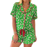 Vevesc Cute Christmas Pajamas Bow Candy Cane Print Pj Set Short Sleeve Button Down Xmas Knotted Shorts Pjs Women 2 Piece Set Sleepwear