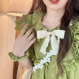Vevesc Summer Green Kawaii Lolita Dress Women Bow Designer Party Mini Dress Female Casual Korean Fashion Lace Elegant Cute Dress