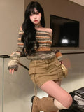 Vevesc Y2K Vintage Striped Cropped Sweater Women Harajuku Hip Hop Slim Knitted Jumper Sweet Off Shoulder Pullover Korean Tops