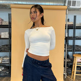 Vevesc Autumn White Solid Color Basic Tops  Front And Back Two Way Wear T Shirt Long Sleeve Slim Fit Puloover Thin Crop Top