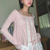 Vevesc  Y2k Pink Stripes T Shirt for Women Spring Autumn Thin Korean Fashion Ropa De Mujer Lace Up Simple Retro Camisetas