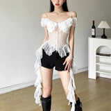 Vevesc Fashion Street Slash Neck Camisole Tops 2024 Summer New Short Sleeve Tops Mujer Y2k Sexy Slim Fit Lace Ruffles Tank Top