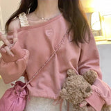 Vevesc Sweet Pink Cropped Hoodies Women Y2K Off Shoulder Cat Embroidery Print Sweatshirt Kawaii Loose Drawstring O Neck Pullover