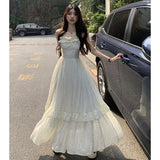 Vevesc Vintage Ruffle Dress Women Korean Solid Sweet Elegant Preppy Midi Dress Summer Casual Sleeveless Spaghetti Straps A Line Dress