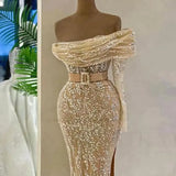 Vevesc Arabic Nude Mermaid One Shoulder Beaded Luxury Dubai Evening Dresses Gowns For Women Wedding