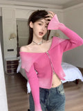 Vevesc Korean Persoanlity Turn Down Collar Sexy Off The Shoulder Sweaters Y2k Streetwear Popular Zipper Slim Clothing Aesthetic Jumpers