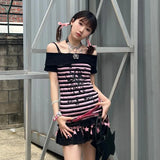 Vevesc Y2k Aesthetic Harajuku Streetwear Shirts Harajuku Off The Shoulder Spliced Striped Constrast Color Tops Suncultural Punk Clothes