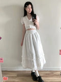 Vevesc Harajuku Two Pieces Set Sweet Lace Patchwork 3D Flower Pleated Blouse Crop Tops Women Y2k Aesthetic Ruffled Grunge Skirt Suit