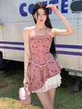 Vevesc  Vintage Gyaru Denim Matching Sets Raw Edge Tube Top Ruffles Patchwork Mini Skirts Flower Print Female Slim Y2k Women's Clothing