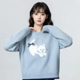 Vevesc Blue O Neck Sweaters Bow Pullovers Cartoon Cat Sueter Mujer Oversize Y2k Long Sleeve Preppy Style Japanese Women Sweet Kawaii