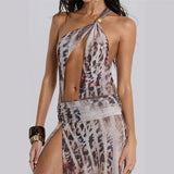 Vevesc See Through Mesh Print Beach Dresses Summer 2024 Woman Sexy Hollow Out One Shoulder Open Back Split Long Dresses