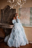 Vevesc Dreamlike Light Blue Bloom Wedding Dresses With Delicate Handmade Flower Ruffles Long Colored Bridal Dress Lace Up Back