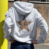 Vevesc Leopard Star Print Sweatshirt with Front Pocket Y2k Aesthetic Loose Fit Hooded 2000s Retro Grunge Pullovers Autumn Streetwear