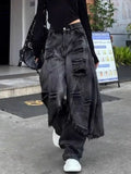 Vevesc American Gothic Streetwear Loose Denim Pant Y2k Aesthetic Vintage Hole Lrregular Baggy Wide Leg Trousers Harajuku Tassel Pants