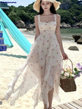 Print Sleeveless Backless Ruffles Slip Women Clothing Fashion Elegant Floral Sweet Irregular Fairy Dress Holiday Beach Dresses