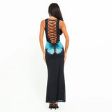 Vevesc Backless Lace Up Butterful Print Maxi Dress For Women O Neck Sleeveless Tank Dresses Femme Fashion Bodycon Sexy Long