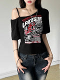 Vevesc  Single Shoulder Graphic T Shirts For Women Streetwear Hollow Out Y2k Clothes Short Sleeve Crop Top Ropa De Mujer Slim Camisetas