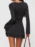 Vevesc  Black Slim V-Neck Low-Cut Long Sleeve Dresses Sexy Basic Women 2024s New Clothes Tierred Ruched Short Vestido