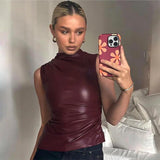 Vevesc  PU Leather Tank Top High Fashion Asymmetrical Ruched Sleeveless Blouse Winter Sexy T Shirt For Women Y2K Clothes