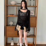 Vevesc Grunge Aesthetics Knitted Tops Trashy Y2k Graffiti Print T-shirt Vintage Punk Irregular Patchwork Knitwear High Street Ropa