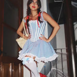 Vevesc Women's Halloween Dorothy Dress Costume Corset Bodice Blue Gingham Dress Lace Panel Lolita Maid Costume