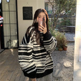 Vevesc Autumn Oversized Striped Knitted Sweater Women Vintage Streetwear Loose Long Sleeve Pullover Harajuku Casual O Neck Midi Jumper